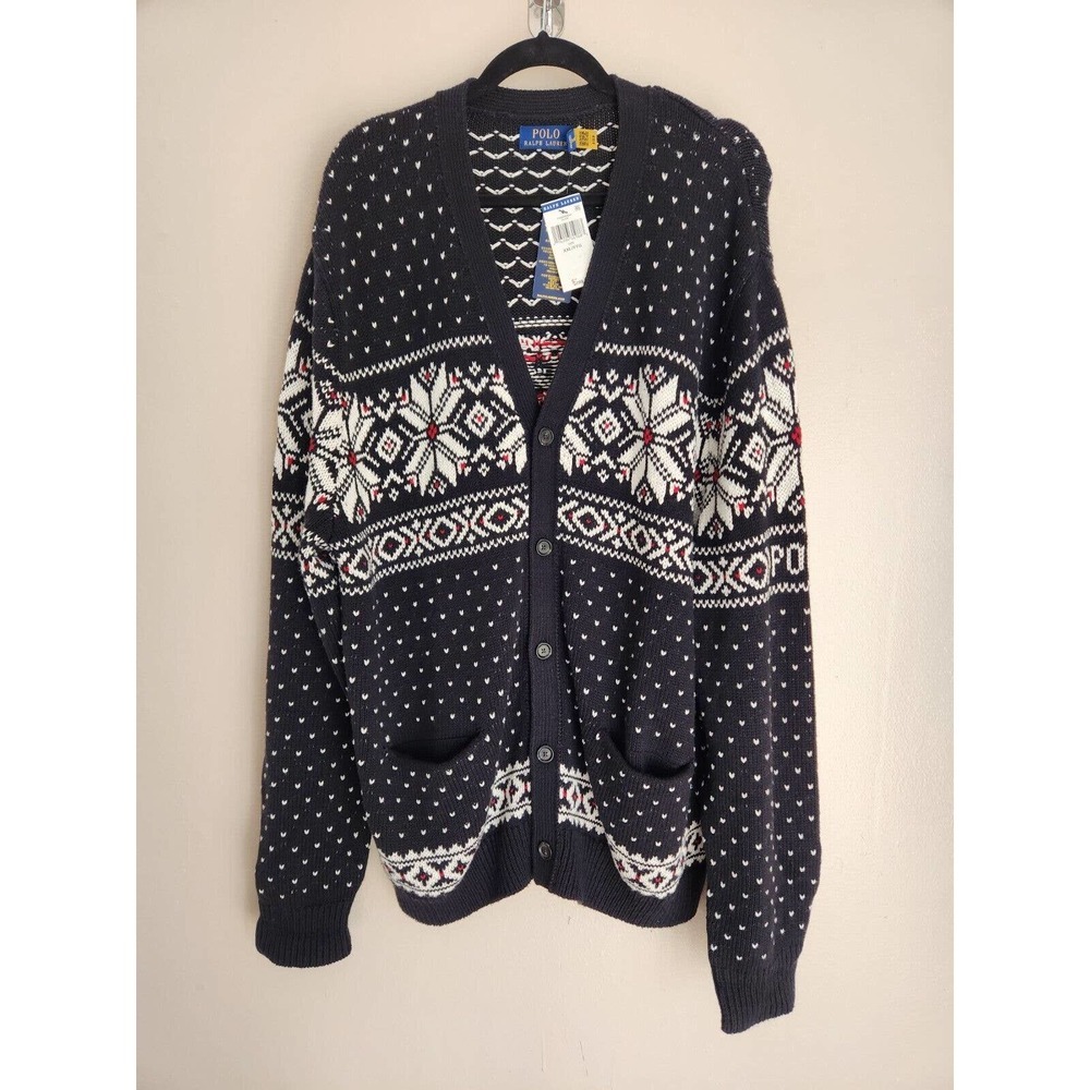 NWT Polo Ralph Lauren Men’s Cotton Cashmere Snowflake Cardigan Size XXL Black - Picture 2 of 12